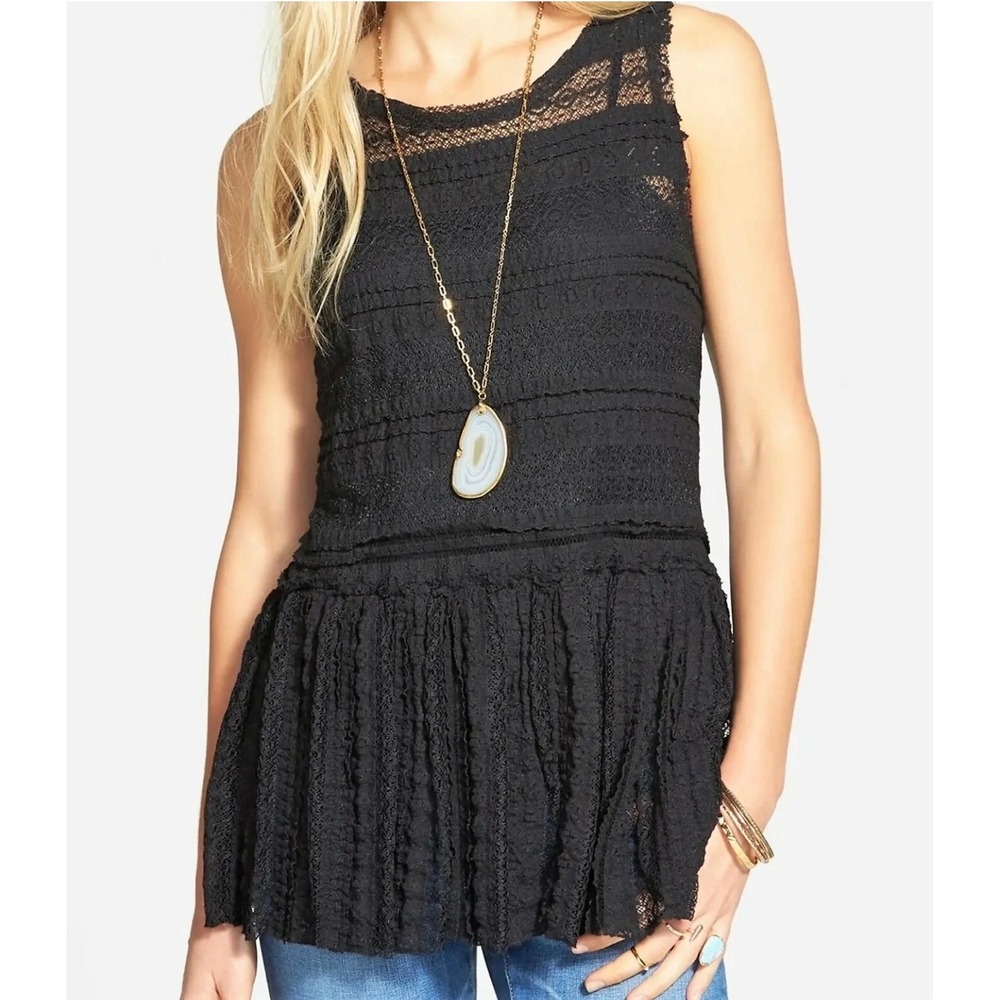 Intimately Free People Black Lace Peplum Sleeveless Top Boho Sheer Size S/P